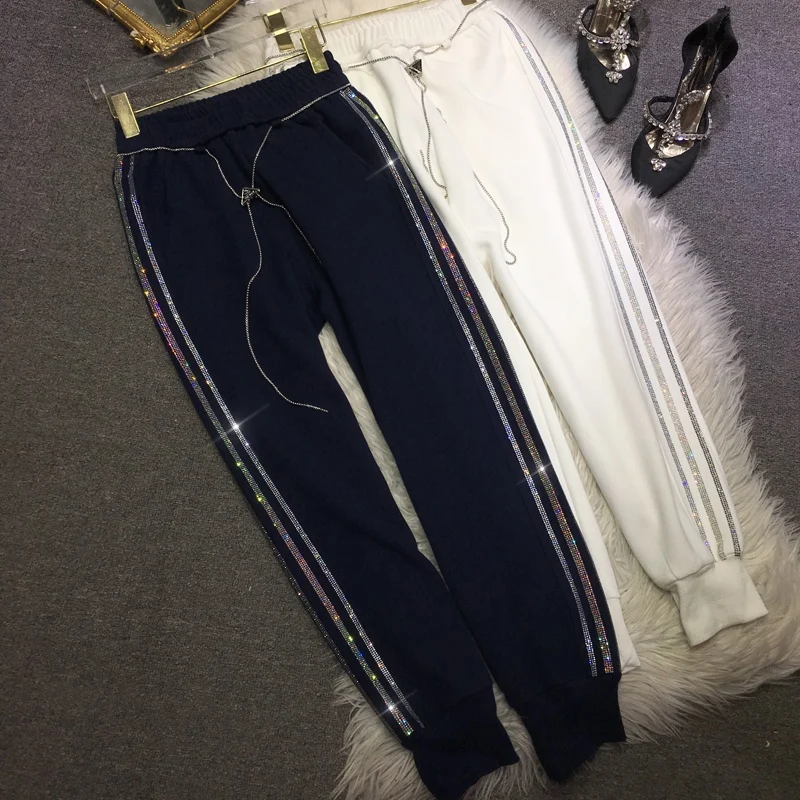 Blingbling Sidestripe Hot Drilling Female Sweatpants with Waist Chain 2023 New Spring Autumn Elastic Waist Casual Harem Pants