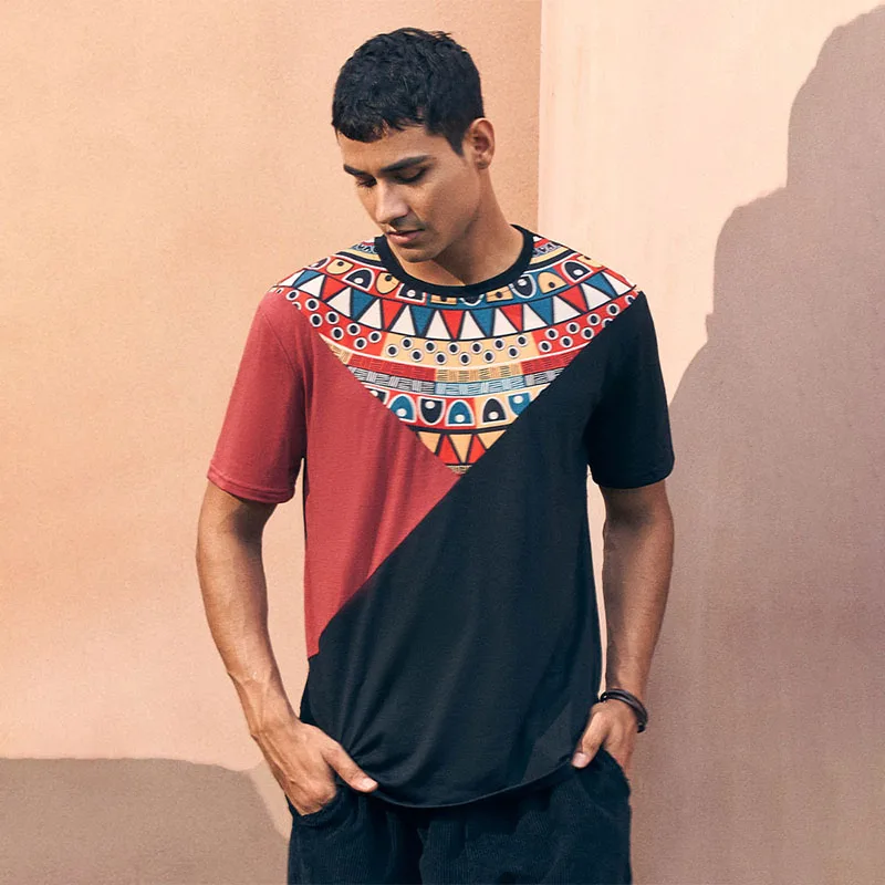 

CharmkpR Tops 2022 Casual Simple New Men's Geometric Printing Camiseta Male Color Block Ethnic Style Short Sleeve T-Shirts S-2XL