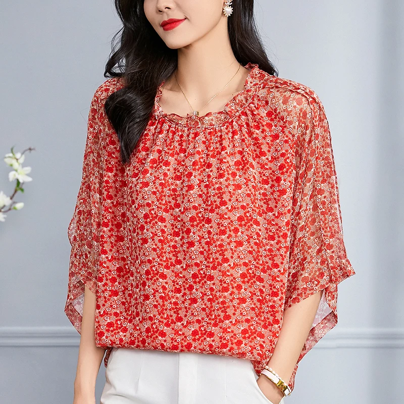 

Fashion Woman Blouses 2022 Summer 100% Real Silk Women's Elegant Chic Blouse Loose Shirts Women Floral Print Shirt Tops Red