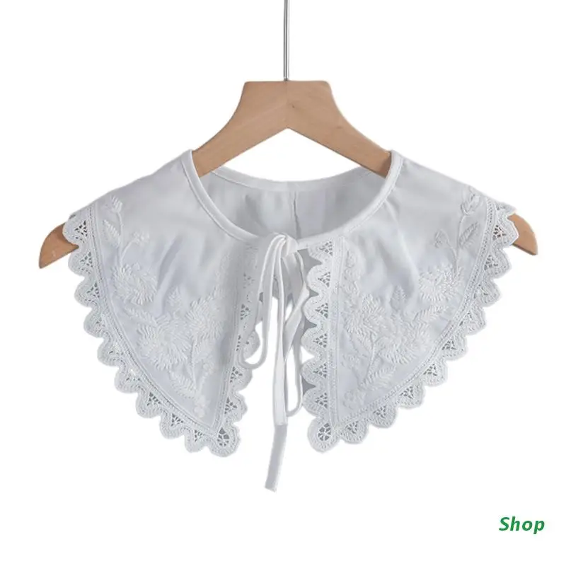 

L5YC Women Girl Lolita False Collar Shawl Scarf Hollow Flower Embroidery Half Shirt