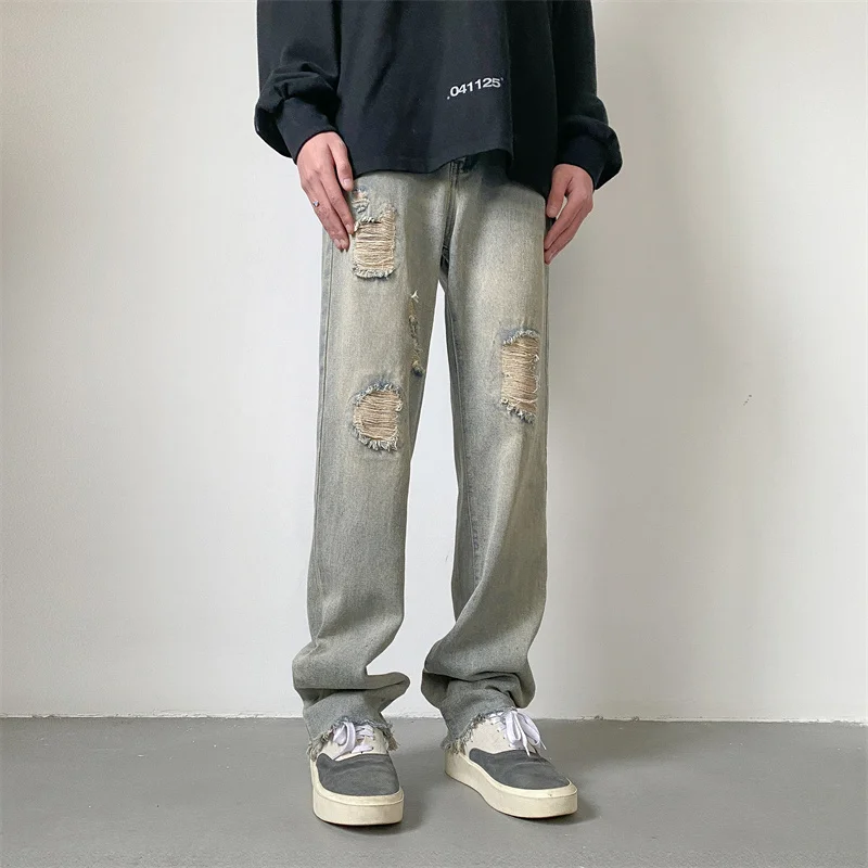 Ripped Baggy Jeans Men Fashion Retro Casual Straight Jeans Men Streetwear Hip-hop Loose Holes Denim Pants Mens Trousers M-2XL