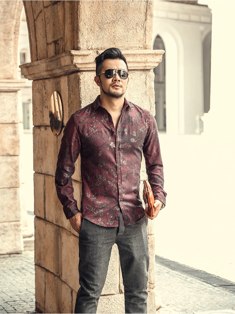 Mattswag Mens Wine Red Vintage Flower Printed Shirts 2022 Spring Autumn Long Sleeve Shirts Casual Fashion Slim Fit Camisa Hombre