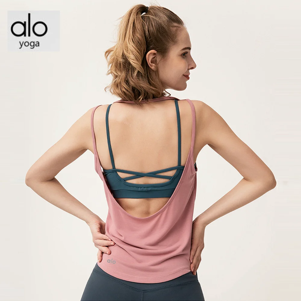 

ALO Yoga Women's Dress Big U Shape Backless Sexy Leisure Yoga Fitness Running Breathable Sleeveless T-shirt Tops for Women