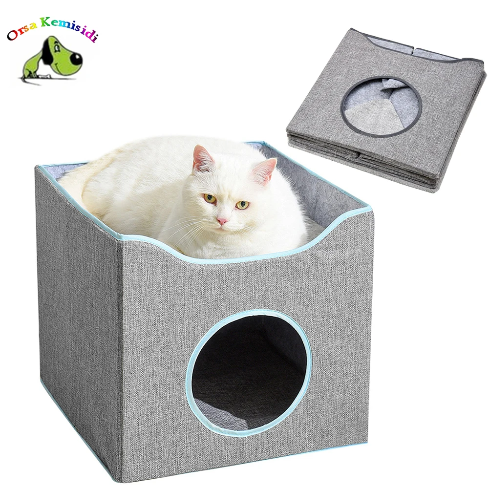 Indoor Cat Cave House Foldable Square Cat Sleeping Bed Warm Comfortable Kitty Home Double Layer Puppy Villa Semi Enclosed Kennel