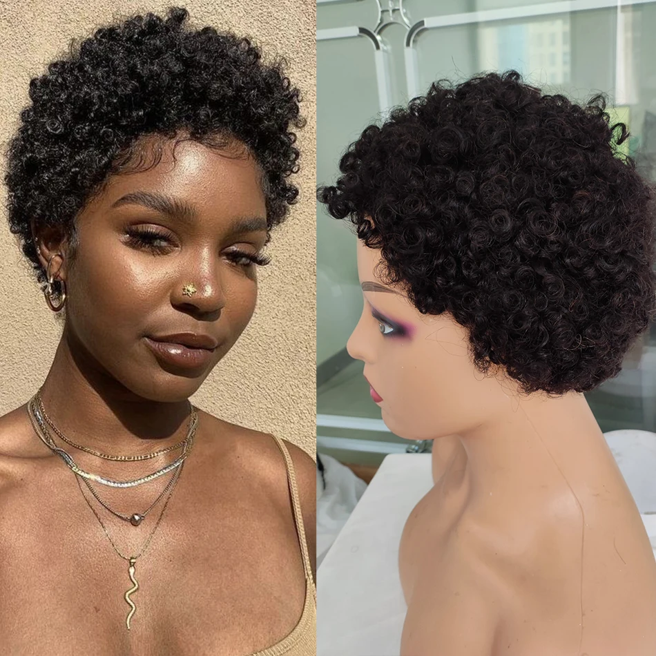 

DreamDiana 100% Chinese Haircut Short Curly Wigs Brown Burgundy 4 Inch Remy Afro Kinky Curly Full Machine Made Human Hair Wigs