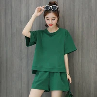 2022 summer casual o neck tracksuit women solid homewear two piece sets short sleeve t shirts and high waist shorts outfits