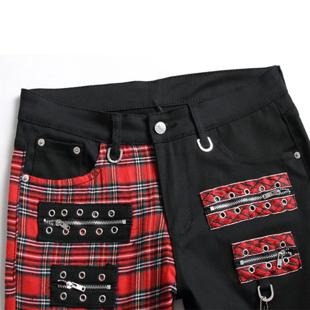 Men Jeans Punk Denim Pants Skull Patchwork Streetwear Hip Hop Harajuku  Plaid Fashion Slim Fit Print High Street Trousers