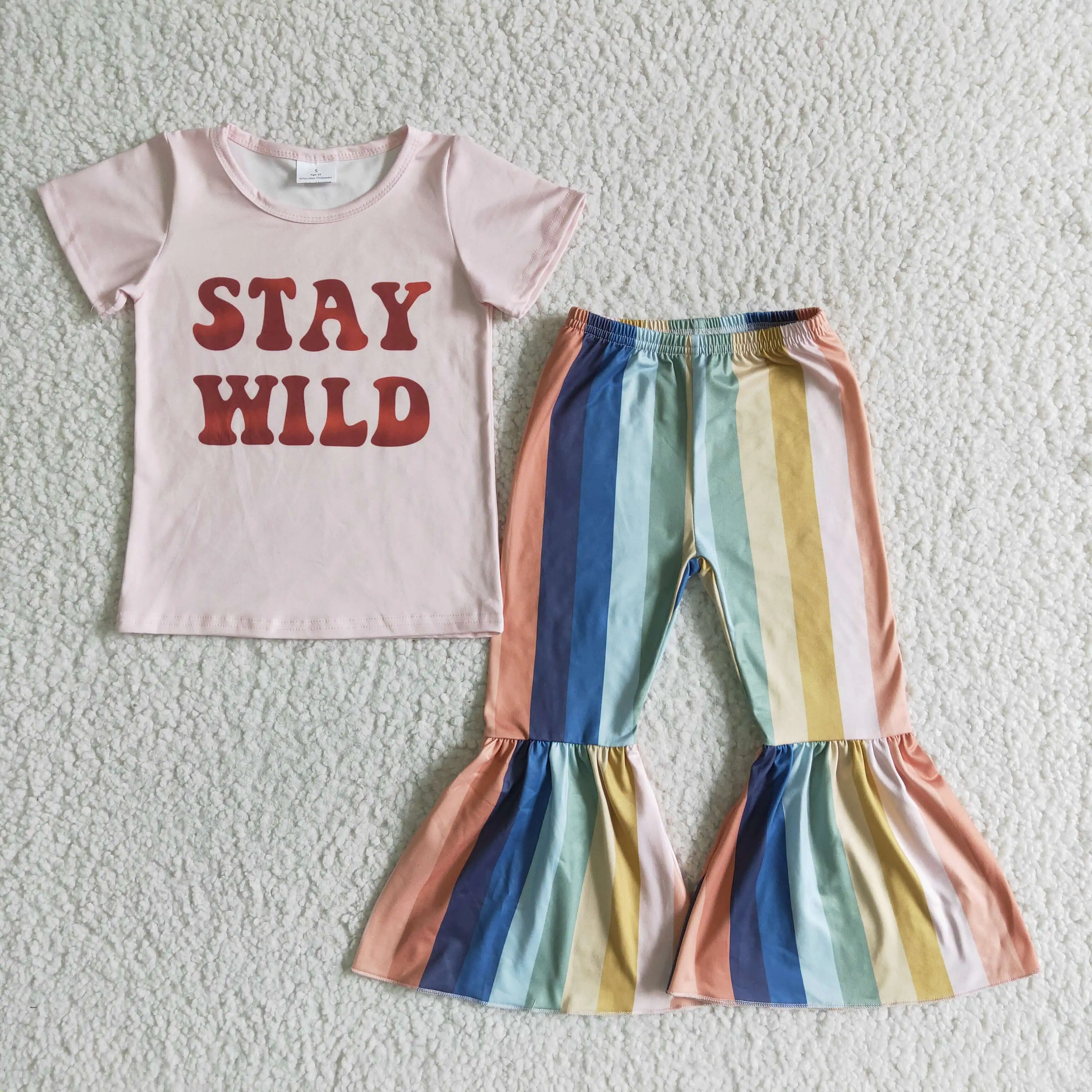 

RTS Baby Girls Letters STAY Short Sleeve Tee Shirt Boutique Outfit Colorful Stripe Bell Bottom Pants Wholesale Outfits Clothing