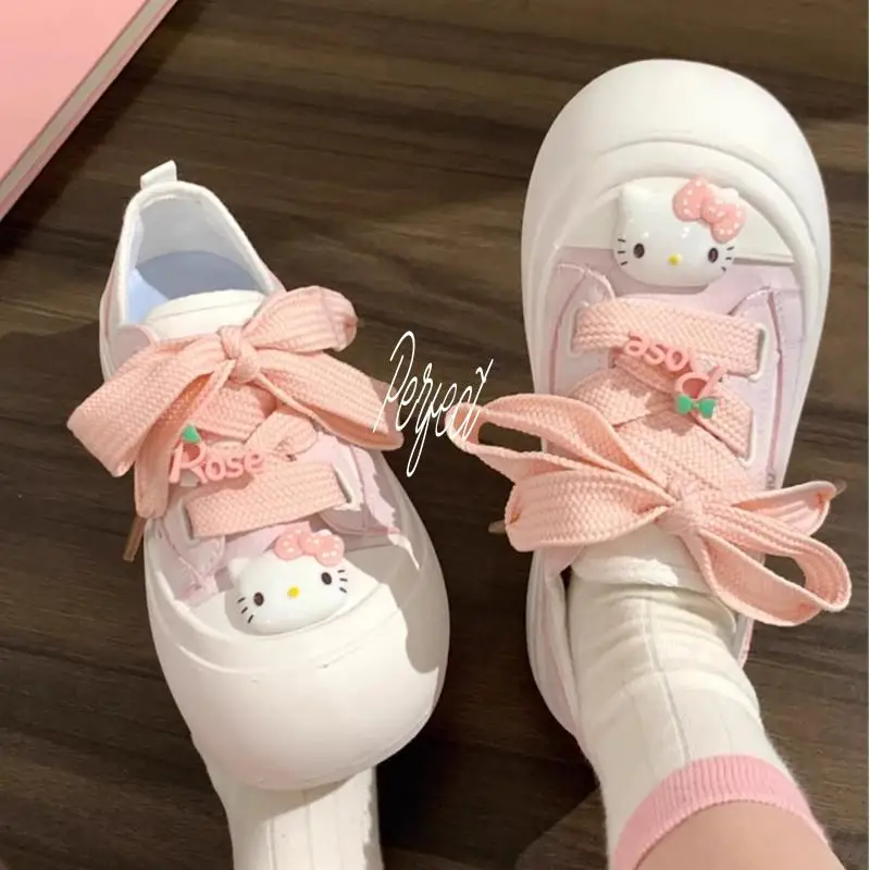 

Sanrio Kawaii Hellokitty Girls Cute Cartoon Pink Thick Base Casual Shoes Flat Shoes Y2K Student Anime Little White Shoes Gift