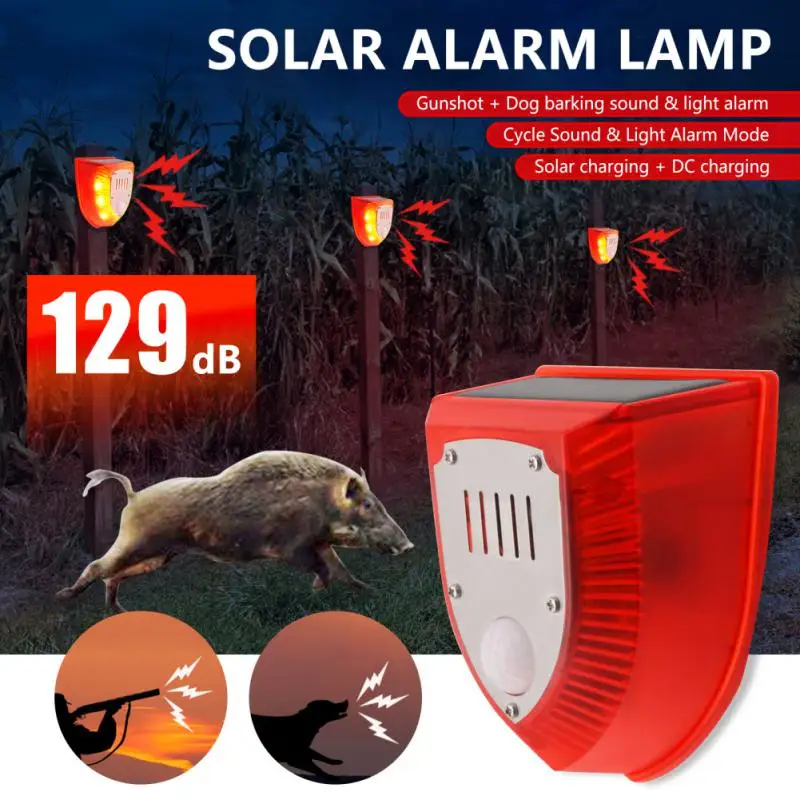 

Solar Motion Sensor Alarm Lamp Outdoor Solar Siren Dog Barking Gunshots Repeller Orchard Farm Wild Boar Repellent Alarm Detector