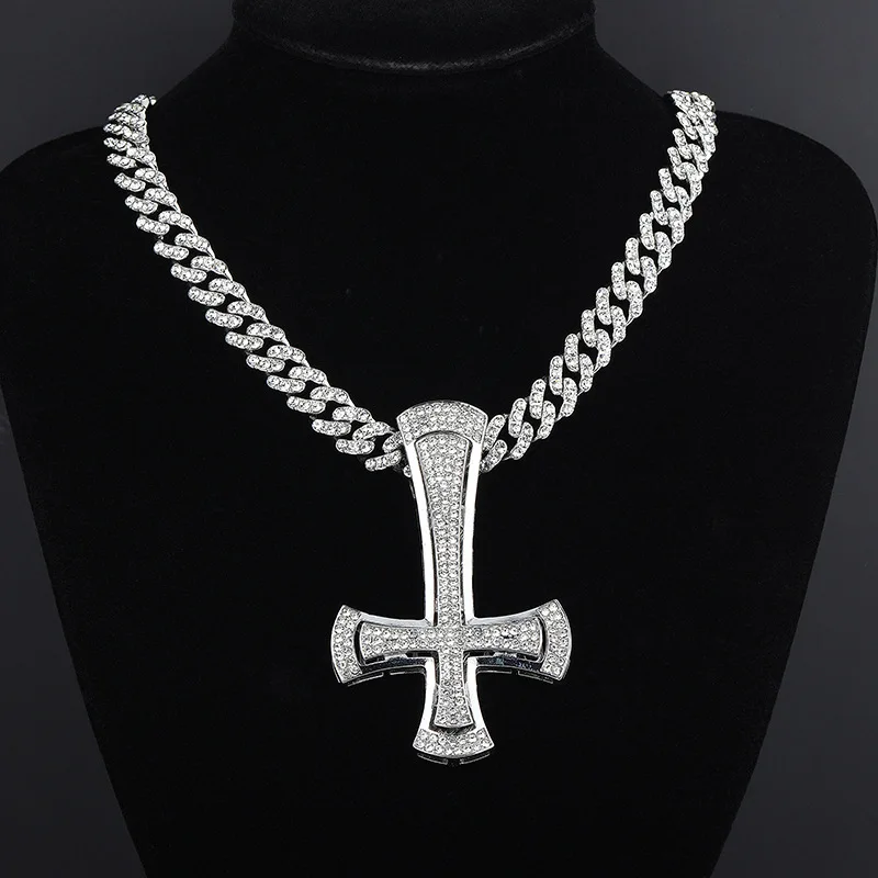 

Explosive hip-hop rap street gang diamond-encrusted inverted cross pendant rock nightclub men's personality necklace accessories