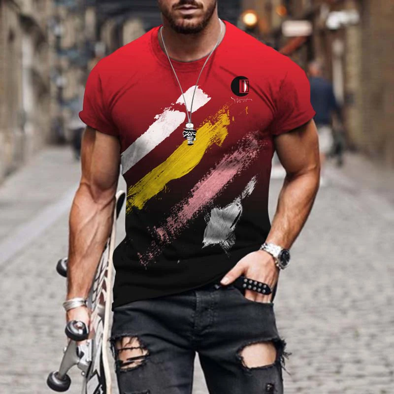 

New Design Lnteresting Multicolor Stitching Gentleman Men Fitness Gradient Printing Round Neck Short Sleeve Fashion T-Shirt