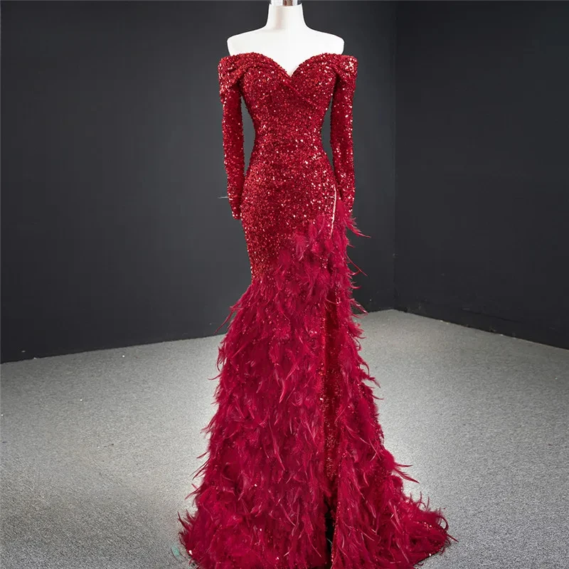

Customized Red Off Shoulder Mermaid Sexy Dubai Wedding Party Gowns Dresses Long Sleeved Sequins Feathers Formal Dress