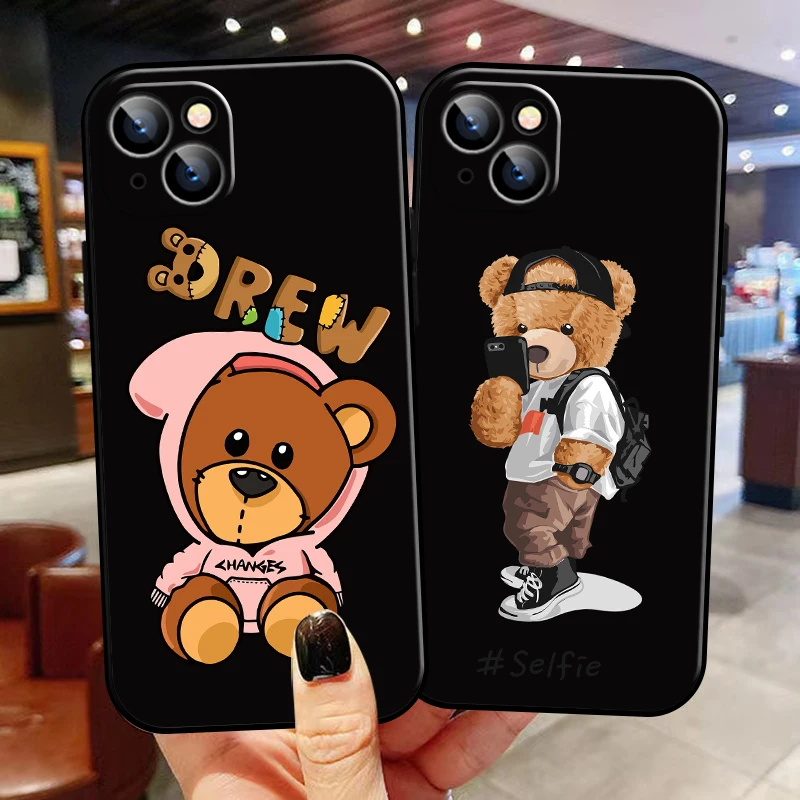 

Cute Luxury Bear For Apple iPhone 13 12 11 Pro Mini X XR XS Max SE 5 6 6S 7 8 Plus Phone Case Black Coque Funda Soft Carcasa