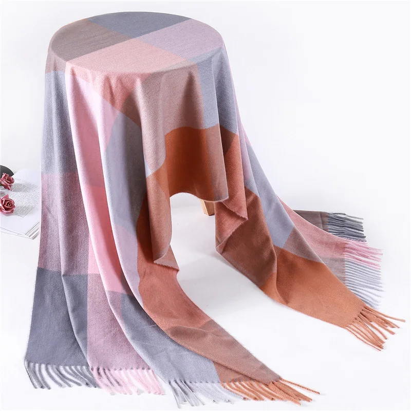 Теплый зимний кашемировый шарф для женщин, шерстяной длинный клетчатый шарф с кисточками, Осенний шейный платок, бандана