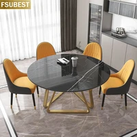 FSUBEST Free Shipping Luxury Round Black Marble Dining Table And 4 Chairs Set Stainless Steel Gold Base Mesa Com 4 Cadeiras