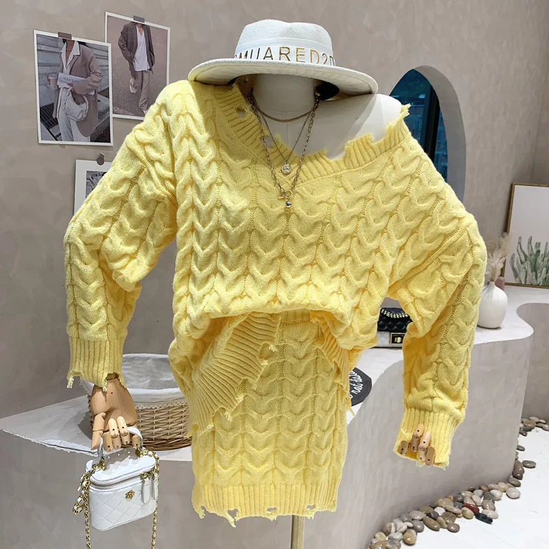 

New in Women's Clothing 2022 Winter Soft V-neck loose Long sleeve knit Pullover sweater Hip wrap skirt Two piece set