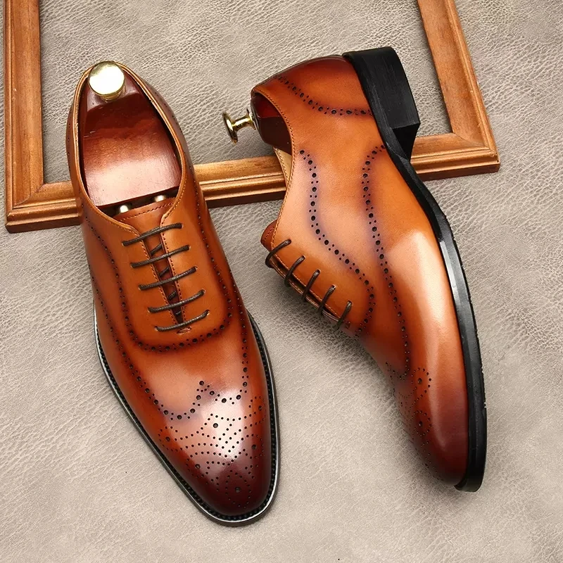 

Luxury Men's Genuine Leather Shoes Handmade Office Wedding Dress Black Pointed Square Head Lace Up Oxford Formal Shoes For Men
