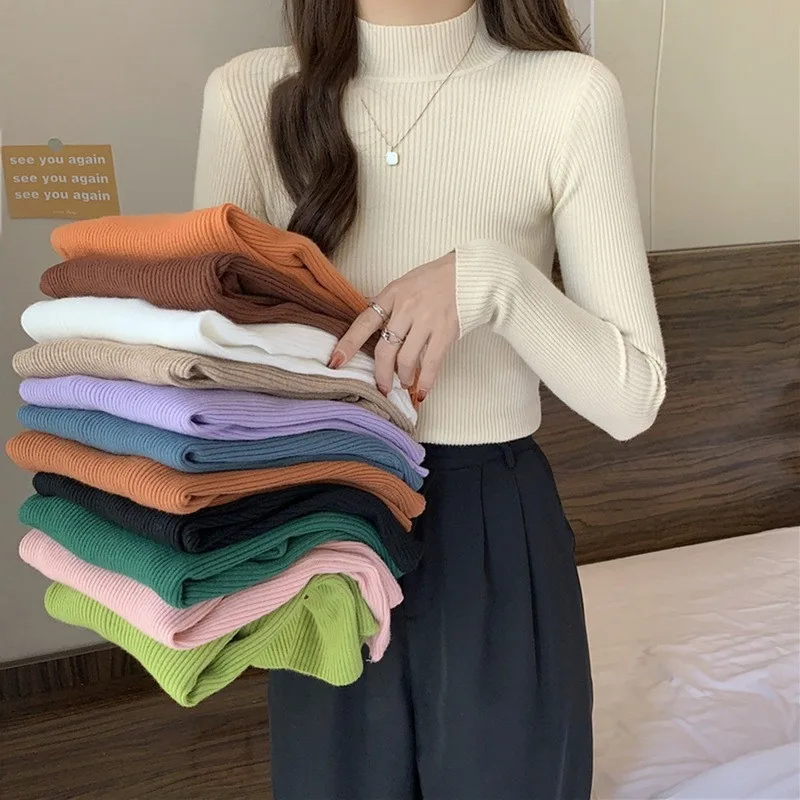 

Sweater Pullover 2022 Fashion Women Blouse Knitted Sleeve Black Turtleneck Long Half Winter Autumn Jumper Elastic Female Soft