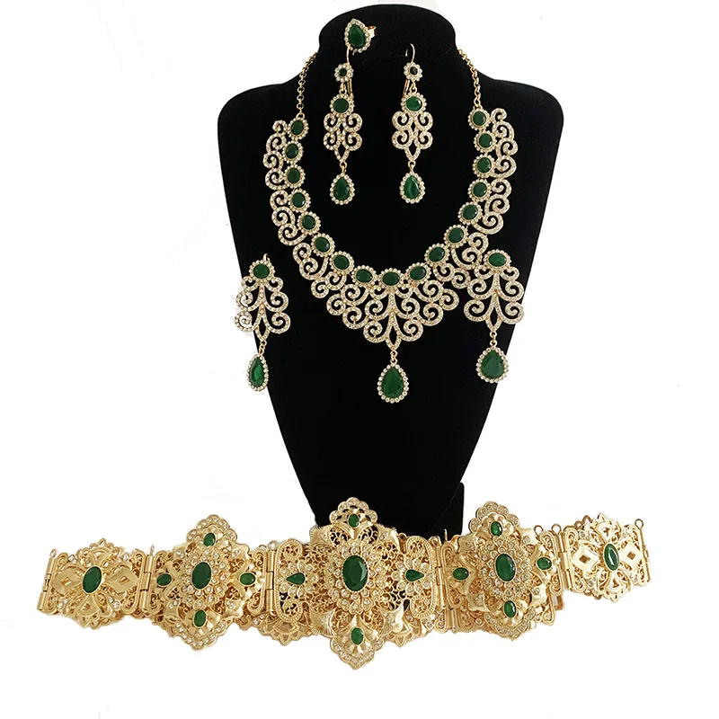 

Gold Pated Wedding Jewelry Set Moroccan Trendy Green Rhinestone Bridal Necklace Set Waist Chain Arabic Muslim Bridal Accessories