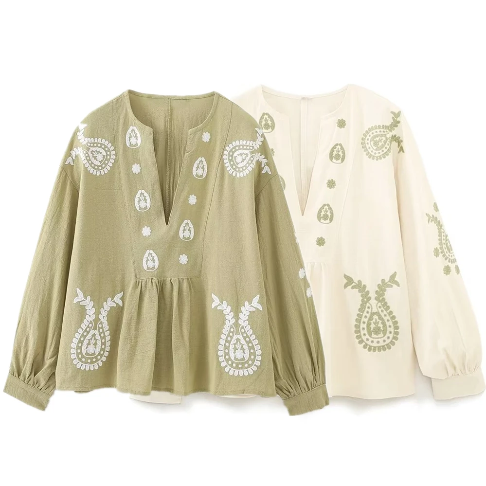 

Elmsk Bohemian Retro Embroidered Blouse Fashion Ladies Loose Casual Vacation Shirt Cotton Top Women
