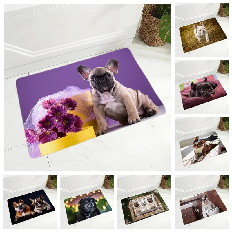 

French Bulldog Pet Dog Doormat Decor Cute Animal Floor Door Mat Non-Slip Soft Flannel Carpet for Hallway Bedroom 40x60cm