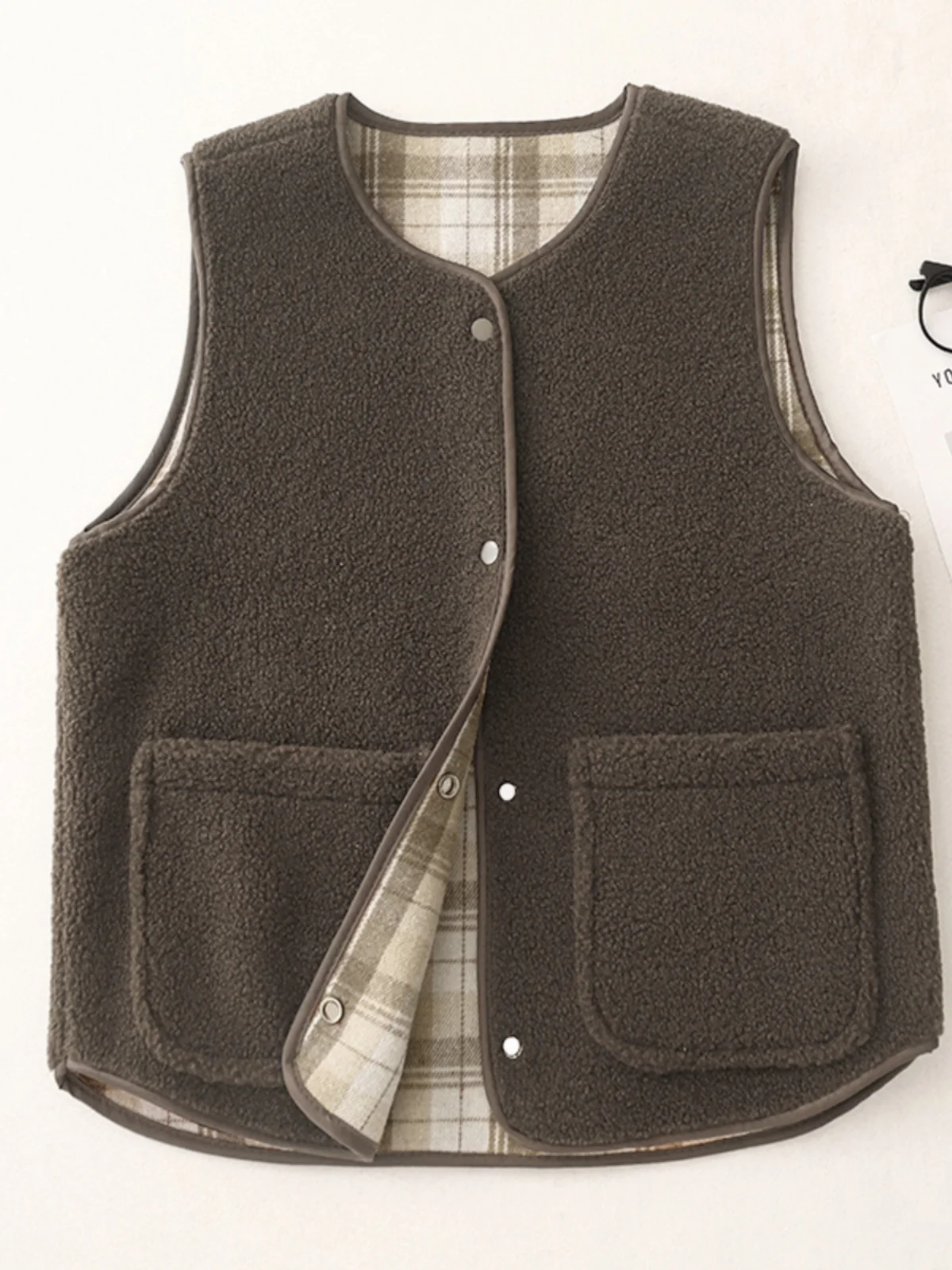 Двусторонняя одежда в стиле ретро клетчатый жилет из овечьей шерсти женский