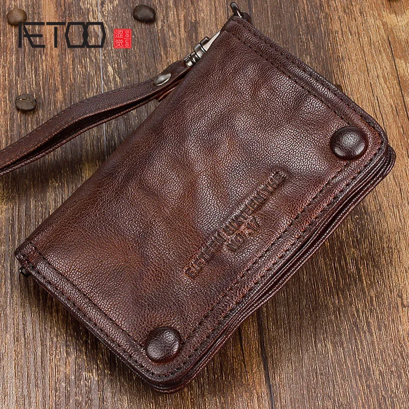

AETOO Original punk style handmade vertical retro wallet men short leather men's youth fold lambskin