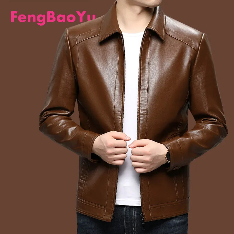 

FengBaoyu Men's Spring and Autumn Coat Casual Lapel Leather Coat Solid Color Zipper Top Youth Brown comfortable simple fashion