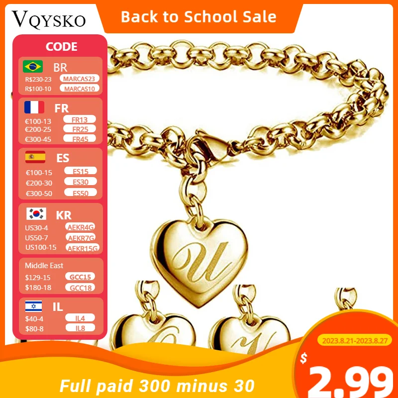 

New Gold Color Initial Alphabet Heart Charm Bracelets For Women Stainless steel Link Chain Bracelet With 26 letter Engraved