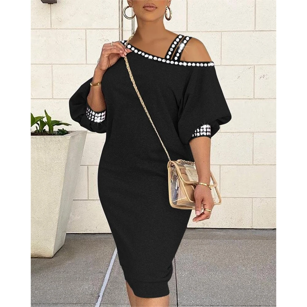 Купи Women Rhinestone Decor Cold Shoulder Casual Sweatshirt Dress Fall V Neck Lantern Sleeve Midi Black Dress Female Wear y2k Clothes за 1,112 рублей в магазине AliExpress