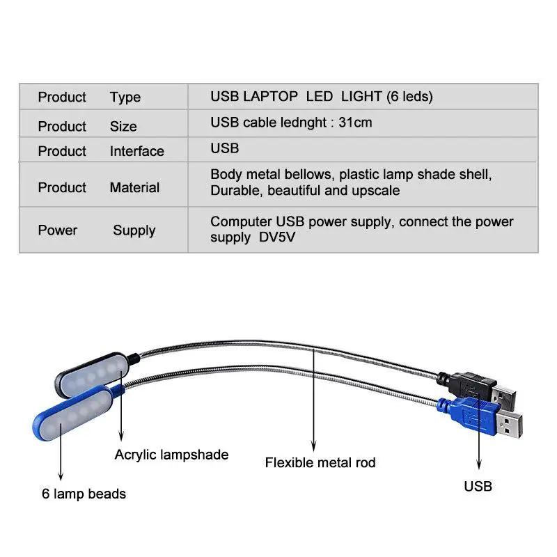 【MA】1 шт. Мини USB LED-лампа для чтения, гибкая лампа для чтения, портативный ночник для повербанка, ноутбука, ПК, компьютера (art.: 3920db4e0b604) - 3920db4e0b604