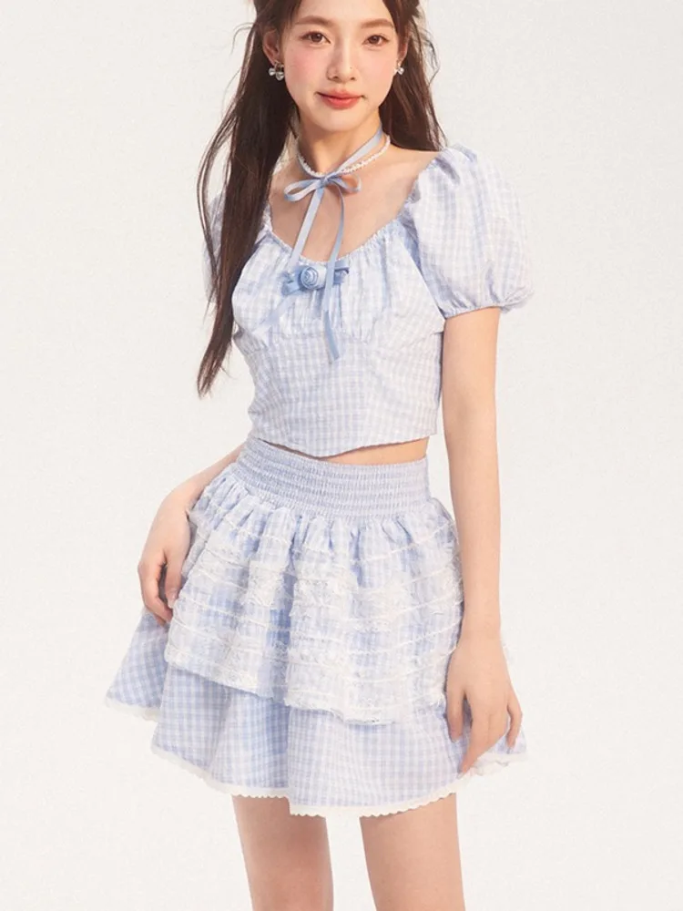 

Корейский милая девушка маленький аромат комплект из двух предметов женская рубашка укороченный топ + мини юбка корейская мода лето комплект из двух предметов