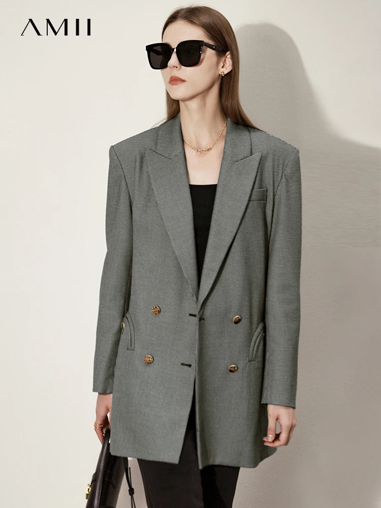 

Amii Minimalist Spring Blazer Coats For Women Office Lady Elegant Houndstooth Jackets Loose Casual Business Suit Coat 12230083