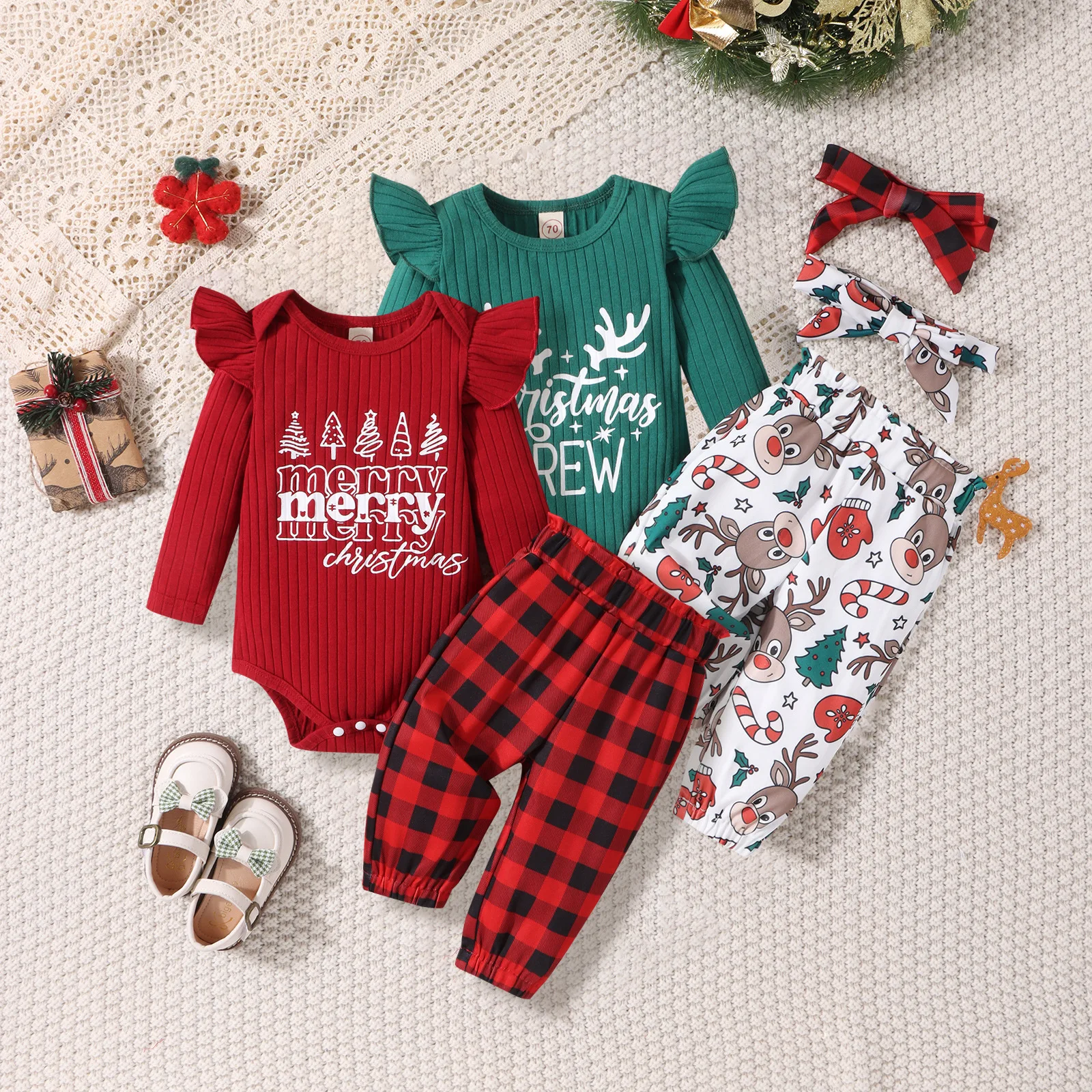 

Children's Jumpsuit Christmas Dress Girls Bodysuits + Plaid Pants + Headscarf Three-piece Set Baby Girl Outfit Set Baby's Sets