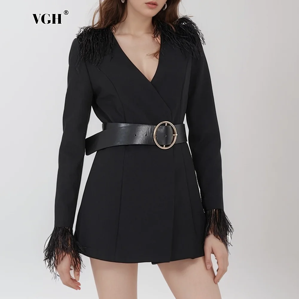 VGH темпераментные лоскутные пиджаки с перьями для женщин v-образным вырезом и