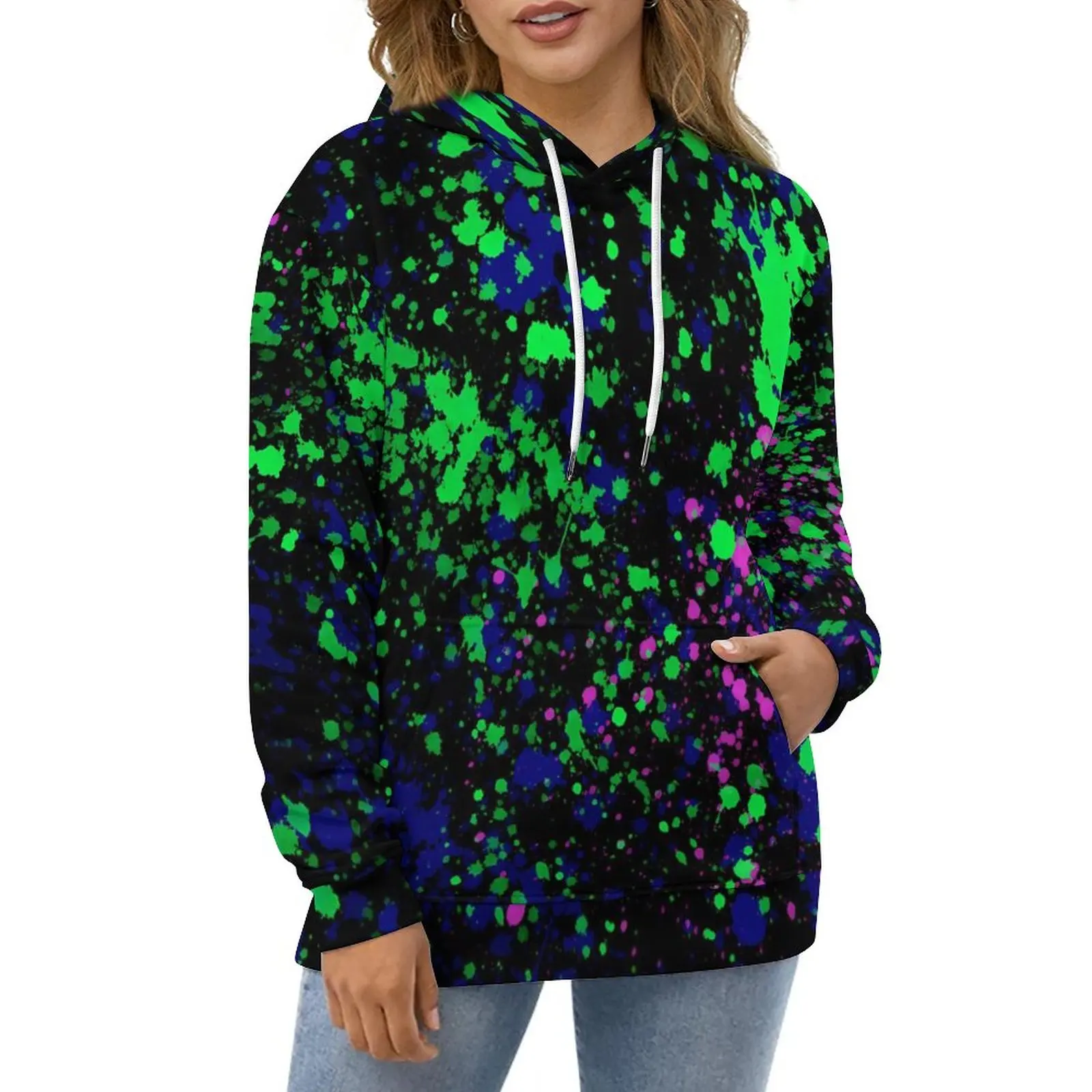 

Paint Splatters Art Casual Hoodies Blue Pink Green Trendy Hoodie Long-Sleeve Hip Hop Design Loose Oversized Hooded Sweatshirts