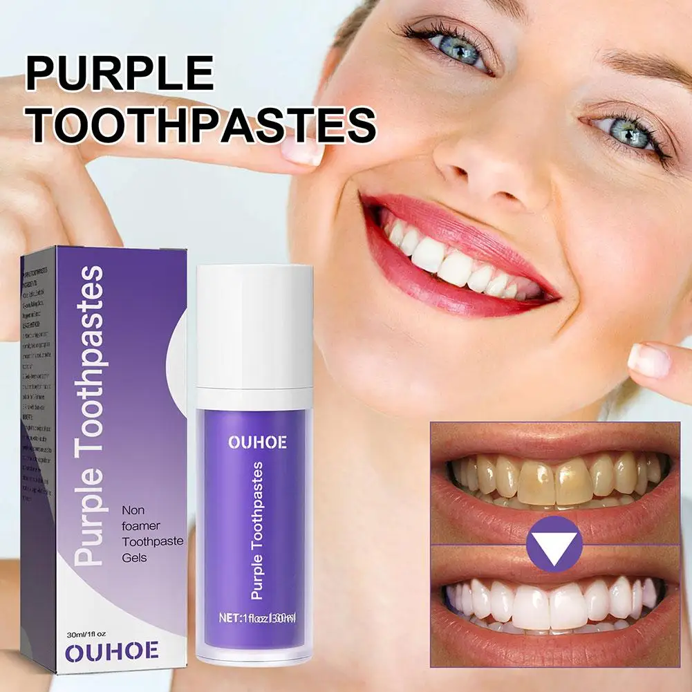 

30 мл отбеливающий крем зубная паста фиолетовый мусс для чистки зубов удаление отбеливания желтая красота зубная паста пятна дыхание свежесть I2F1