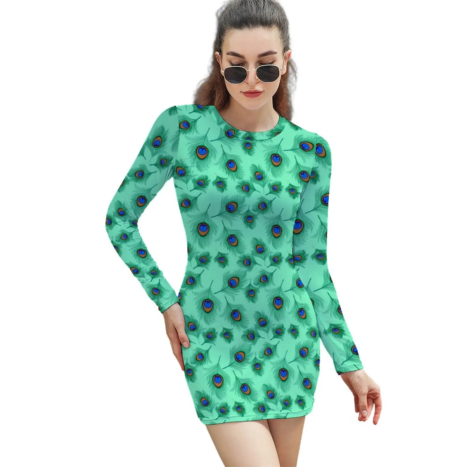 

Peacock Feathers Dress Long Sleeve Light Aqua Aesthetic Dresses Autumn Kawaii Bodycon Dress Female Design Oversized Vestido