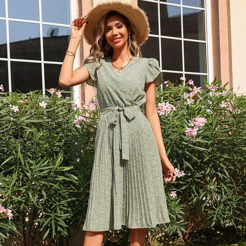 

Summer New Green Printed Pleated V Neck Ruffled Chiffon Elegant Casual Floral Bohemia Midi Dresses for Women 2022