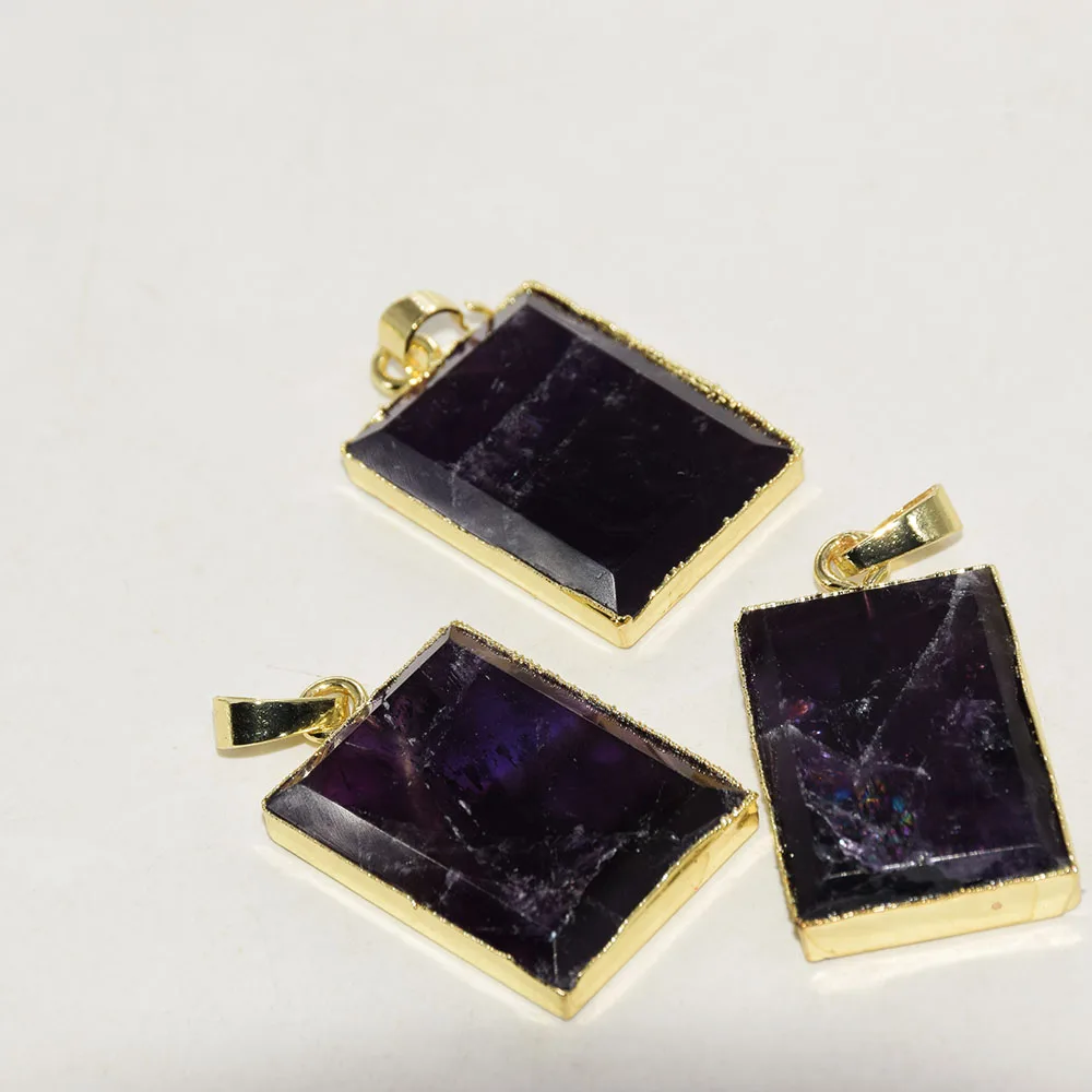 

Natural Amethyst Crystal Stone Rectangle Pendant for Jewelry Making 2022 Gold Plating Cutting Quartz Diy Women Accessories 5pc