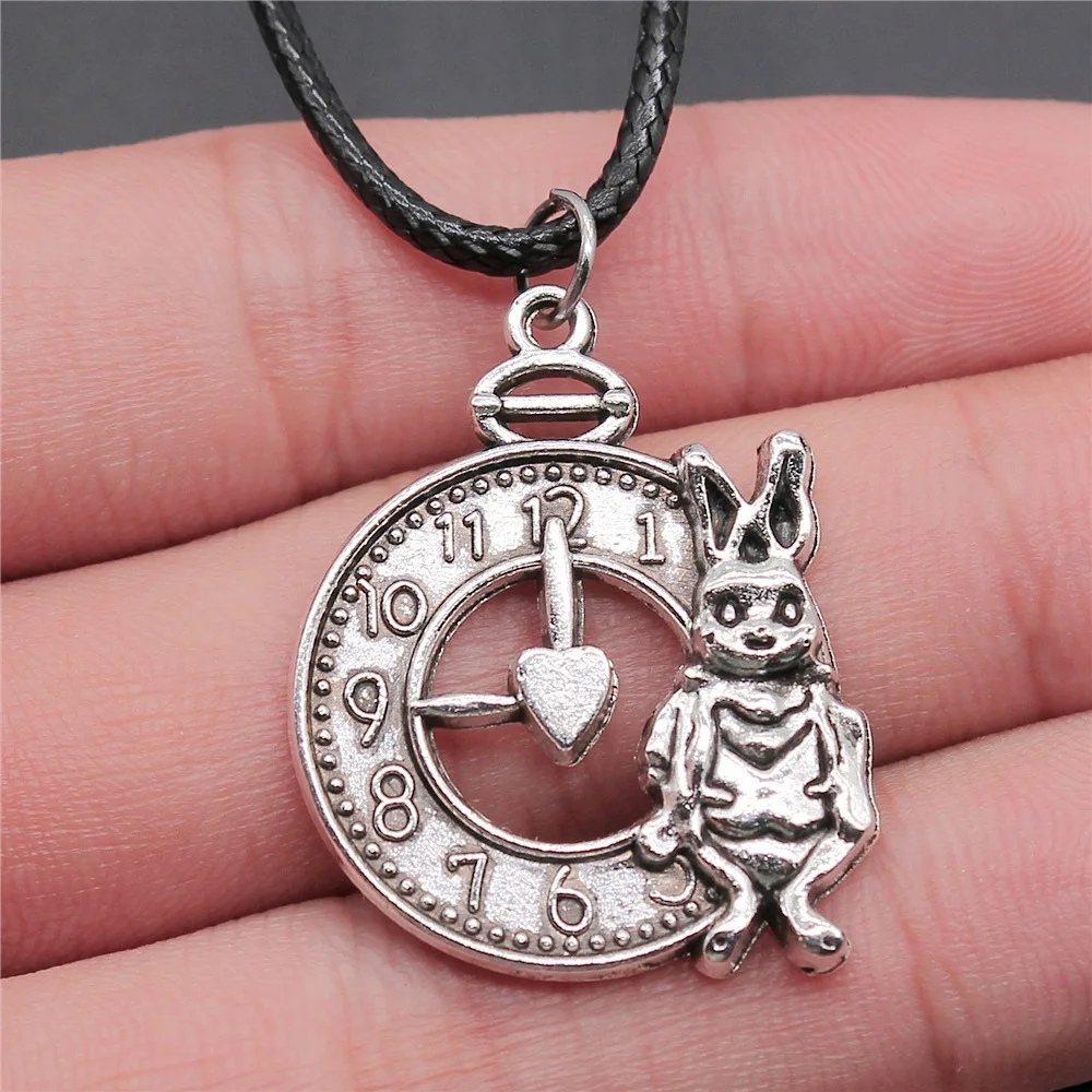 

Dropshipping 2 Colors 31x25mm Rabbit And Clock Pendant Faux Black Leather Rope Chain Necklace
