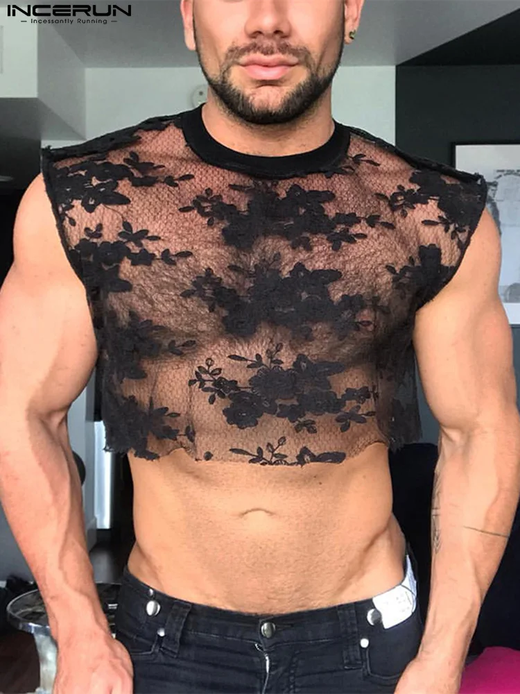 

INCERUN Men Tank Tops Mesh Transparent Flower Embroidered O-neck Sleeveless Crop Tops Sexy 2022 Streetwear Party Vests Men S-5XL
