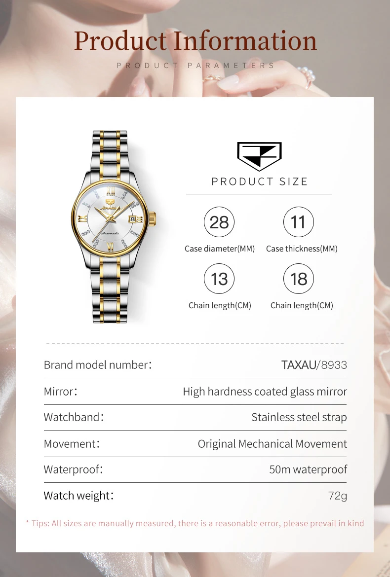 2023 New TAXAU Automatic Mechanical Watch For Women Fashion Rhinestone Stainless Steel Dual Calendar Classic Ladies Wristwatch