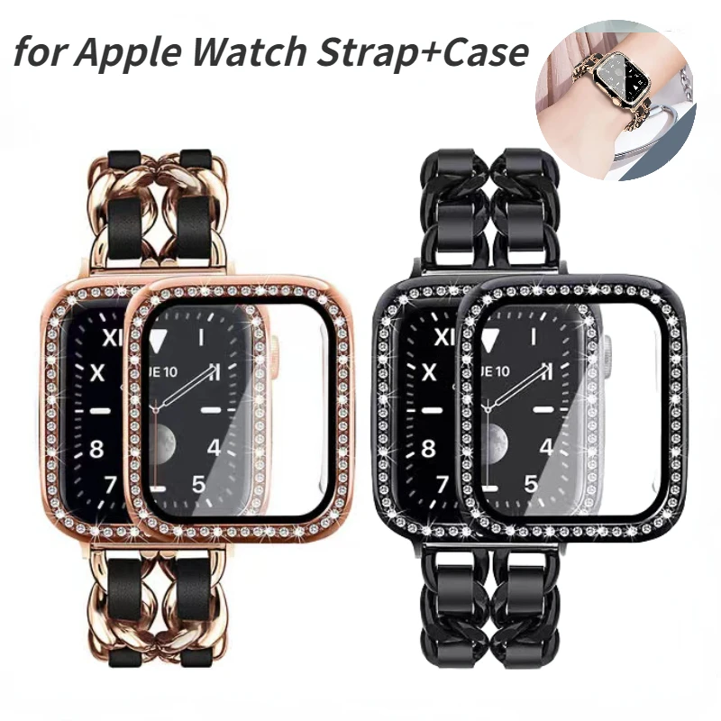 

Metal Strap+Case For Apple Watch 45mm 41mm 44mm 40mm 42mm Diamond Protective Glass Case For iWatch 8 7 6 5 4 3 SE Women Bracelet