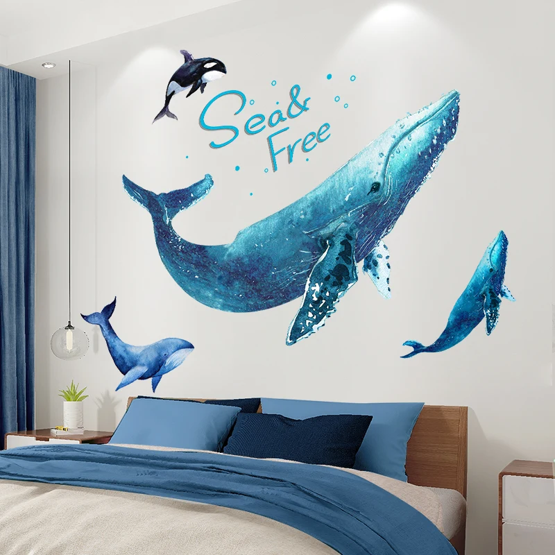 Наклейки на стену с изображением голубой рыбы сделай сам Мультяшные киты