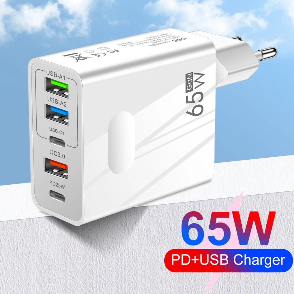 

65W GaN USB Type C Charger 5 Ports Quick Charge QC3.0 Fast Charger For iPhone 14 13 12 Pro Oneplus Xiaomi Mobile Phone PD Chager