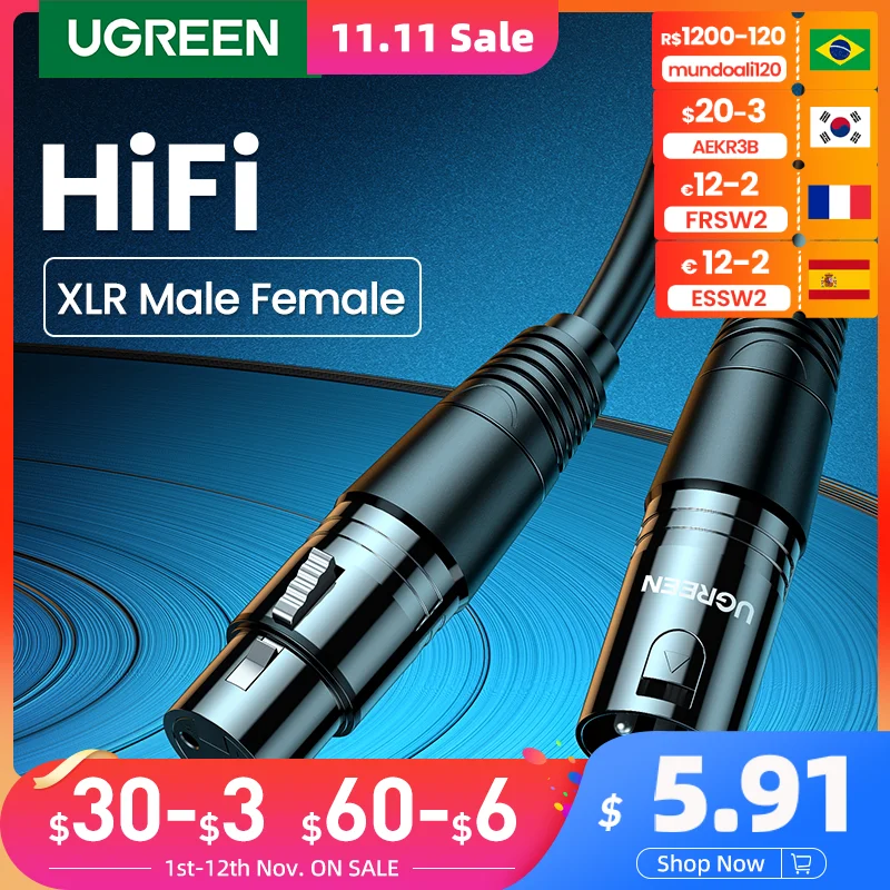 

UGREEN XLR Cable Karaoke Microphone Sound Cannon Cable Plug XLR Extension Mikrofon Cable for Audio Mixer Amplifiers XLR Cord