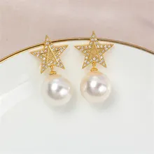 여성용 골드 스타 지르콘 진주 스터드 귀걸이, S925 실버 핀 귀걸이, 진주 액세서리, DIY, 국내 구리 14K 가방