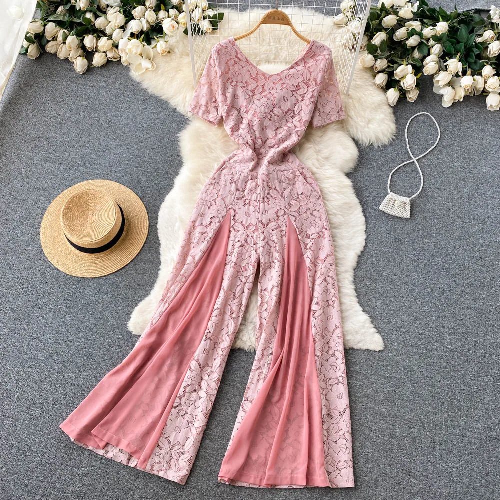 

Vintage Rompers Floral Embroidery Pink/Blue Lace Hollow Out V-Neck Jumpsuit Women High Waist Open Fork Leg Womens Clothing New